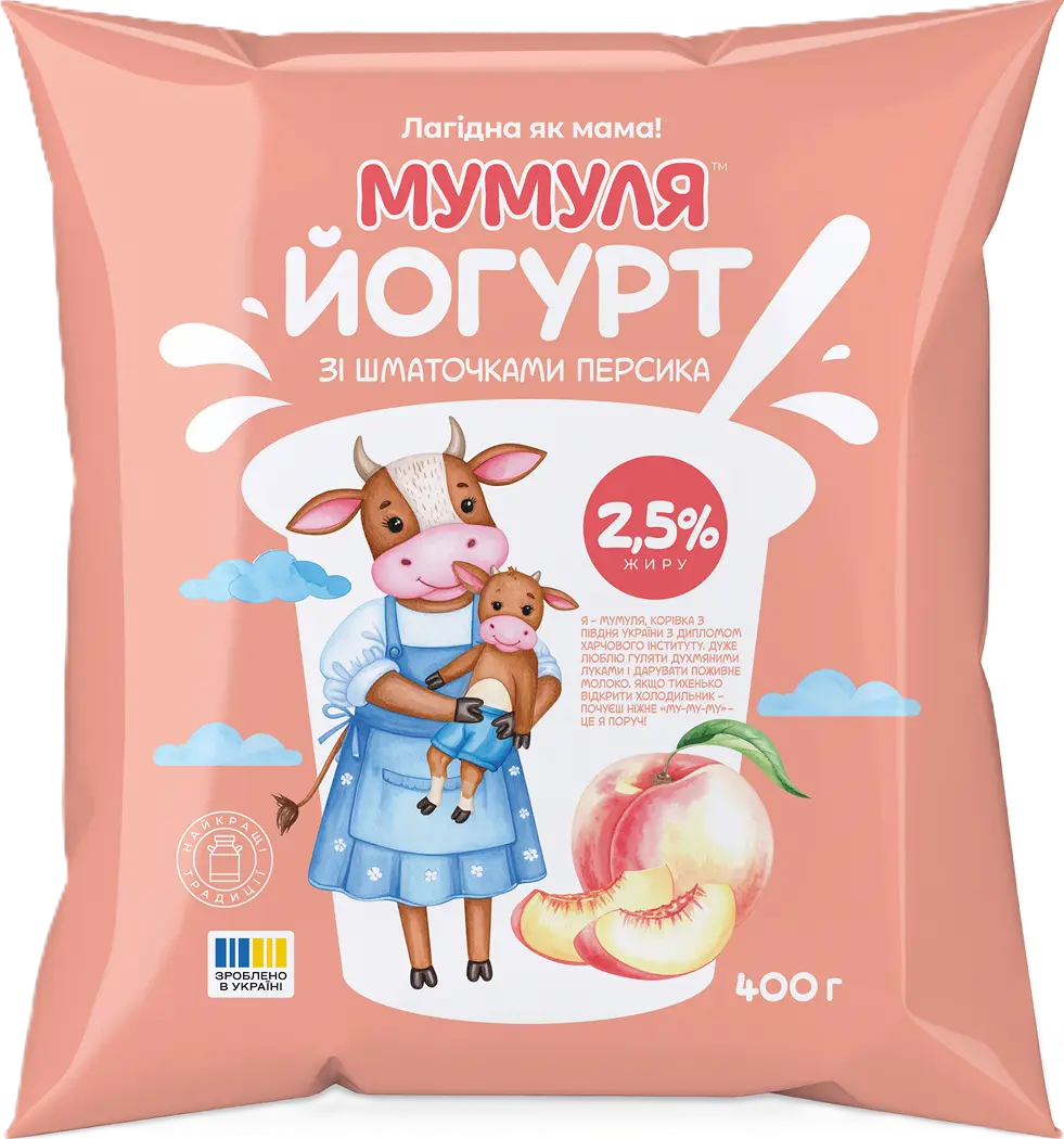 Йогурт зі шматочками персика 2,5% жиру ТМ «МУМУЛЯ» 400 g (г)